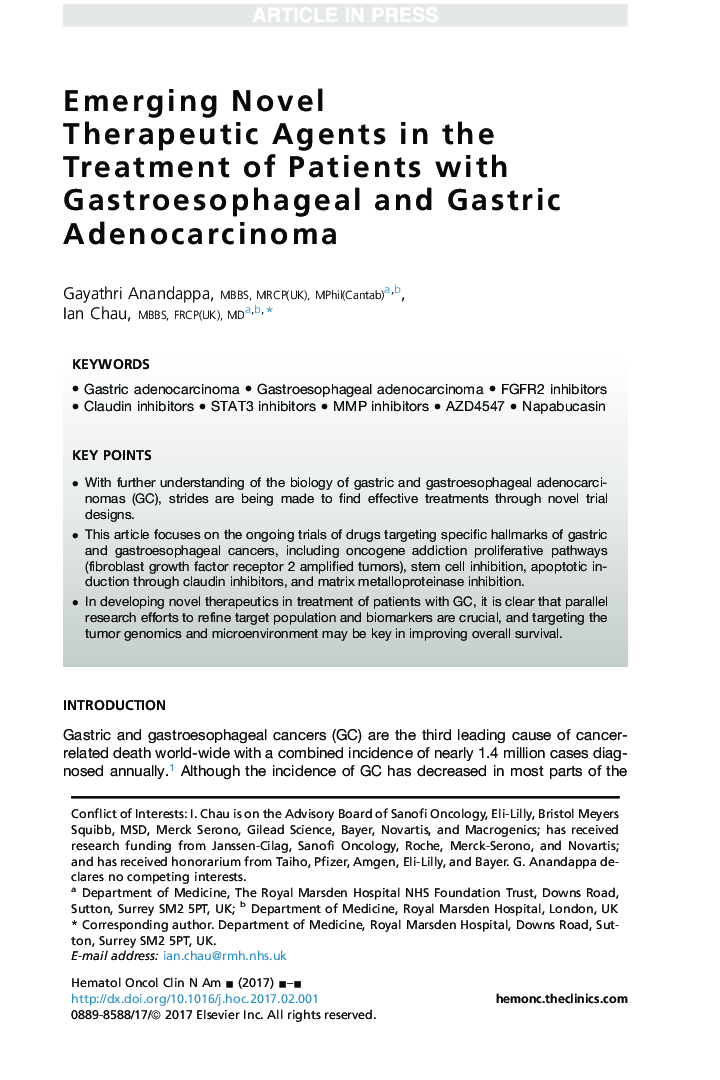 Emerging Novel Therapeutic Agents in the Treatment of Patients with Gastroesophageal and Gastric Adenocarcinoma