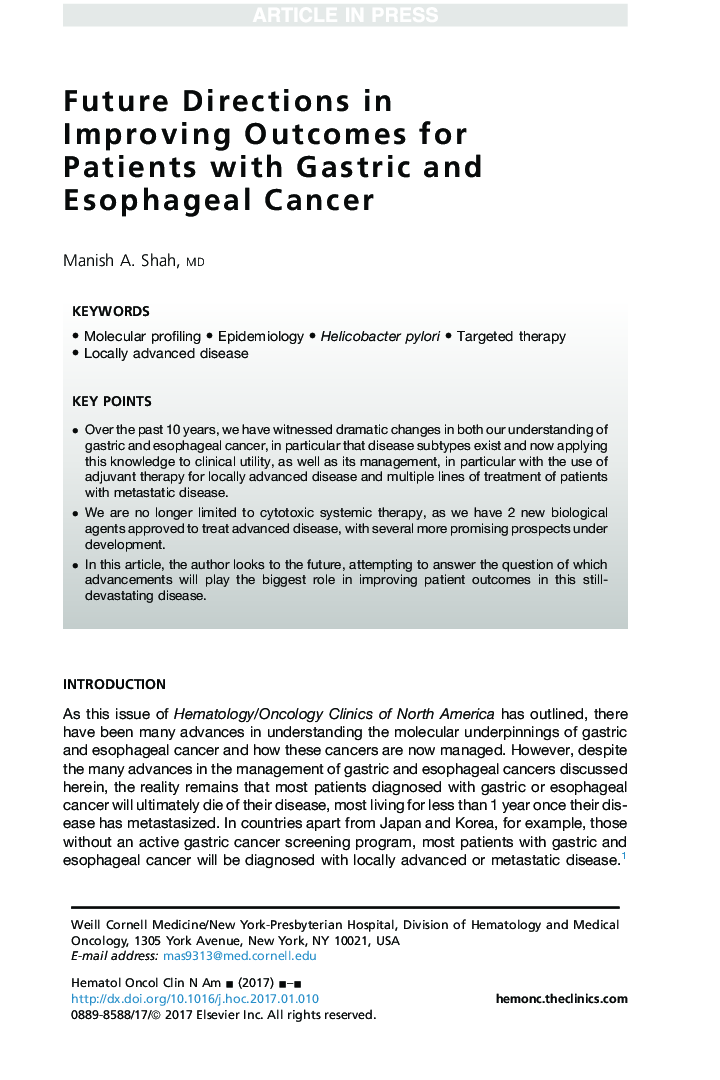 Future Directions in Improving Outcomes for Patients with Gastric and Esophageal Cancer