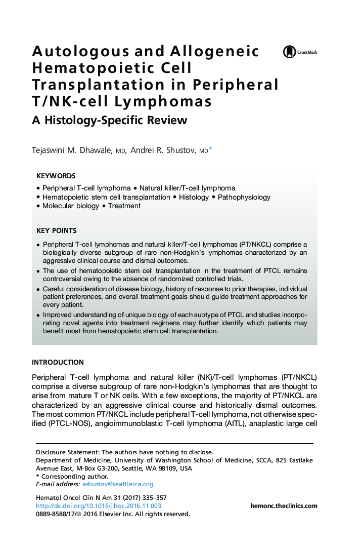 Autologous and Allogeneic Hematopoietic Cell Transplantation in Peripheral T/NK-cell Lymphomas