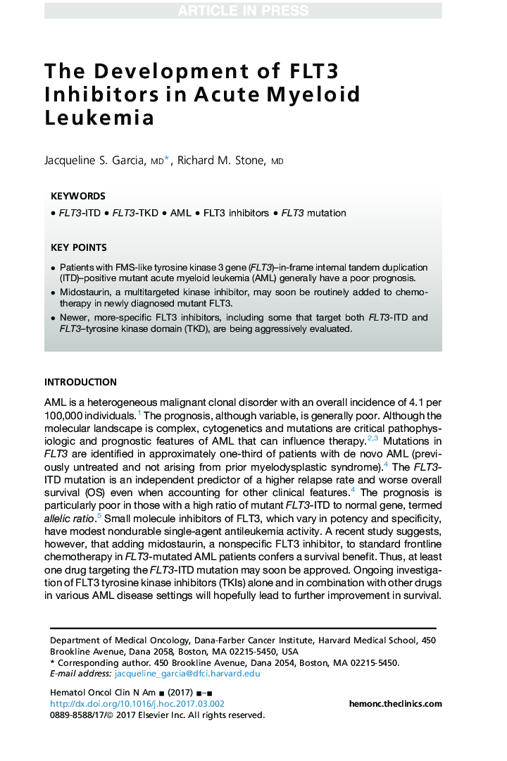 The Development of FLT3 Inhibitors in Acute Myeloid Leukemia