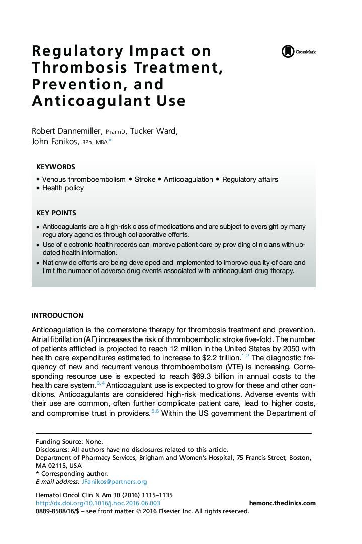 Regulatory Impact on Thrombosis Treatment, Prevention, and Anticoagulant Use