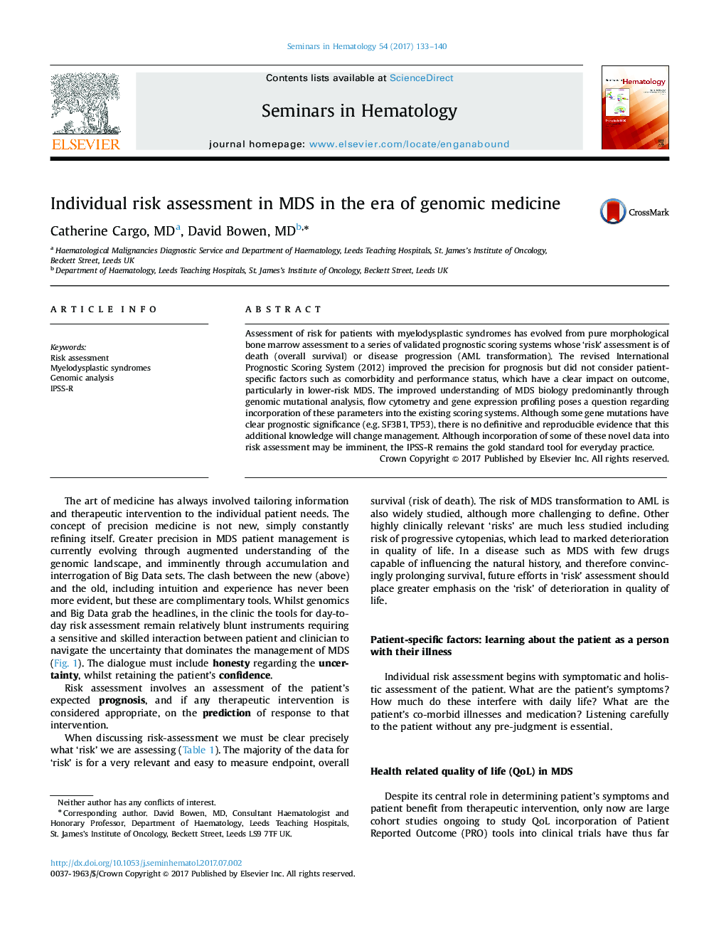 Individual risk assessment in MDS in the era of genomic medicine