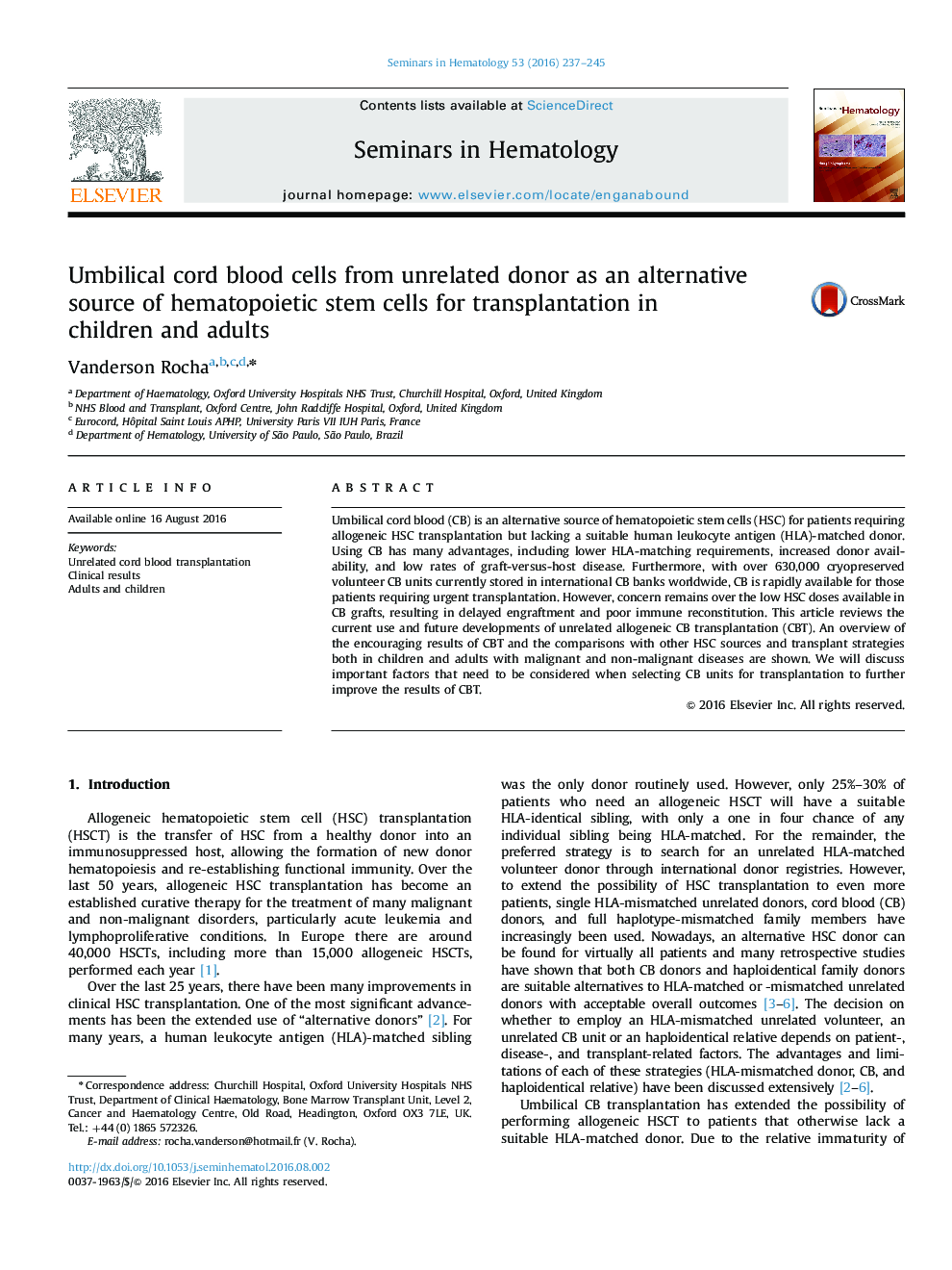 Umbilical cord blood cells from unrelated donor as an alternative source of hematopoietic stem cells for transplantation in children and adults