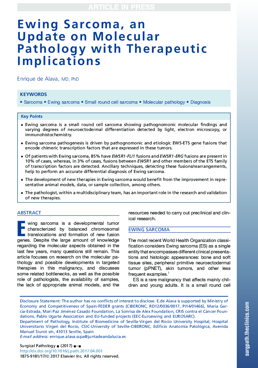 Ewing Sarcoma, an Update on Molecular Pathology with Therapeutic Implications