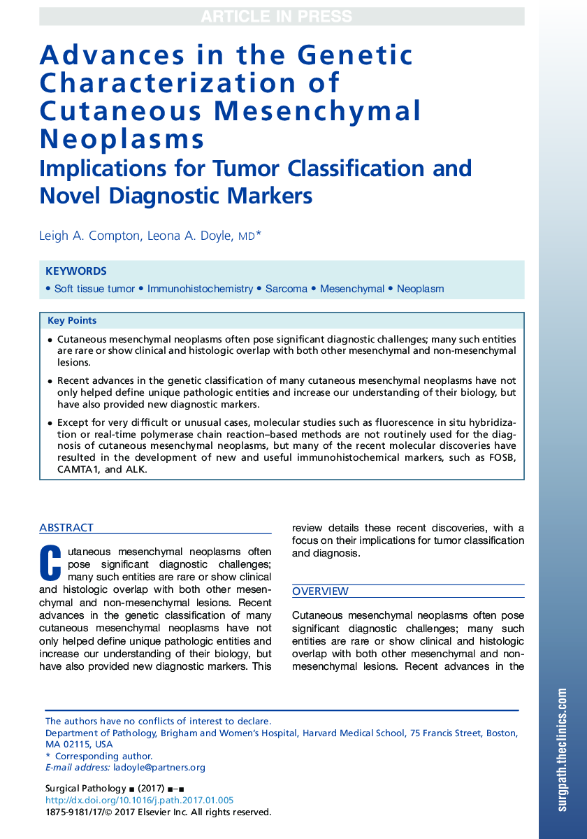 Advances in the Genetic Characterization of Cutaneous Mesenchymal Neoplasms