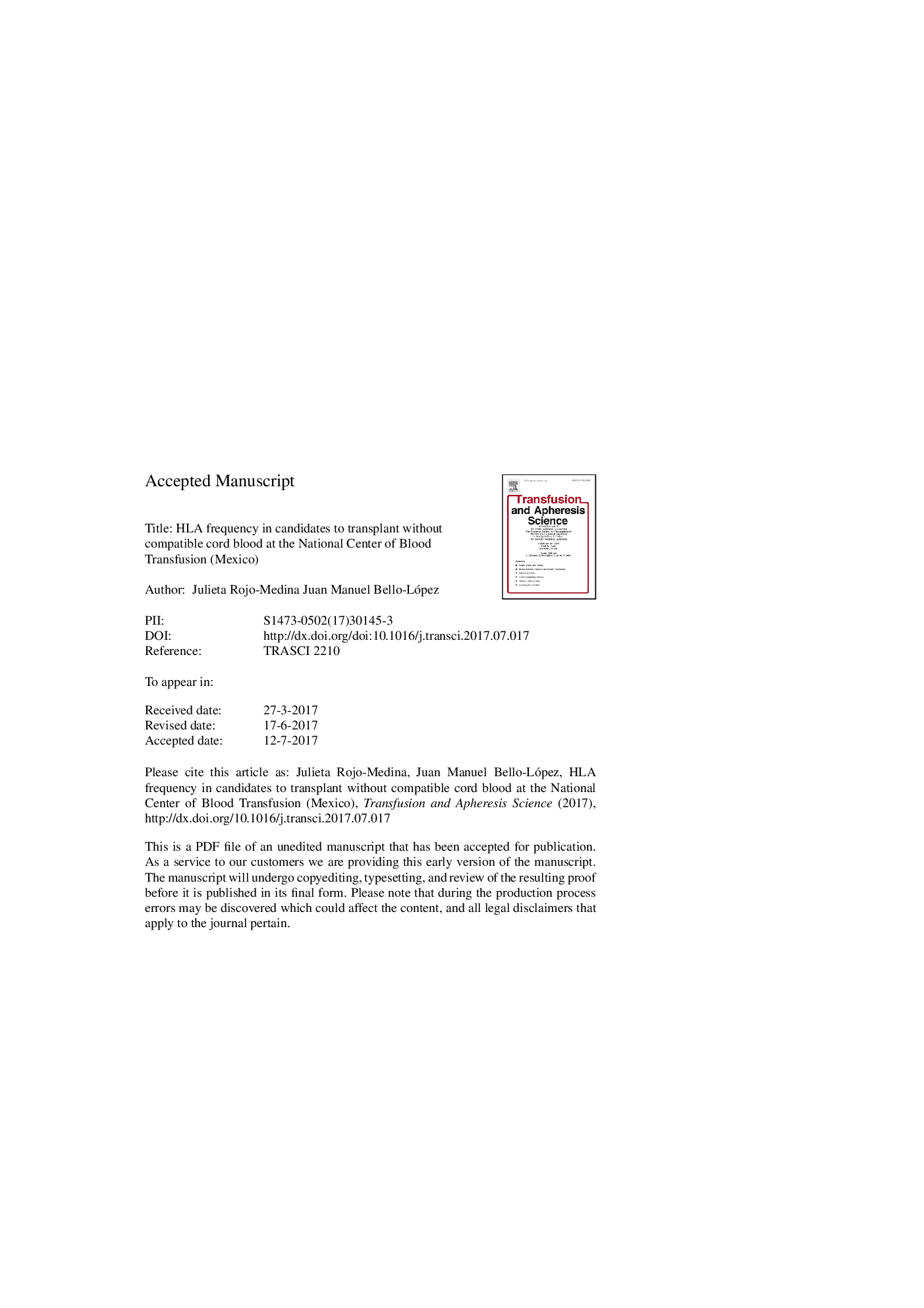 HLA frequency in candidates to transplant without compatible cord blood at the National Center of Blood Transfusion (Mexico)