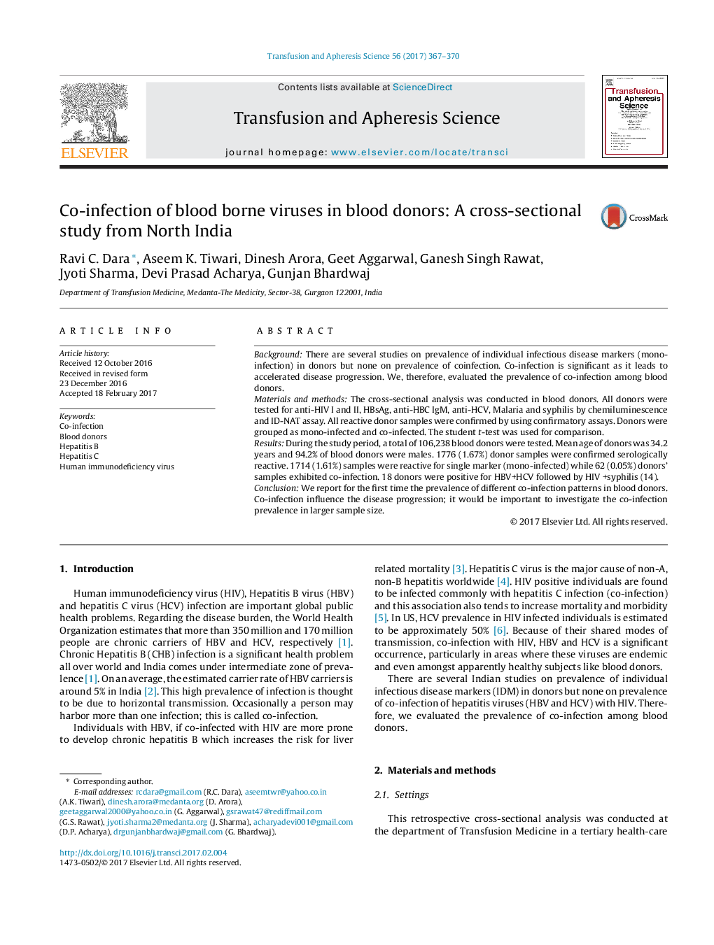 Co-infection of blood borne viruses in blood donors: A cross-sectional study from North India