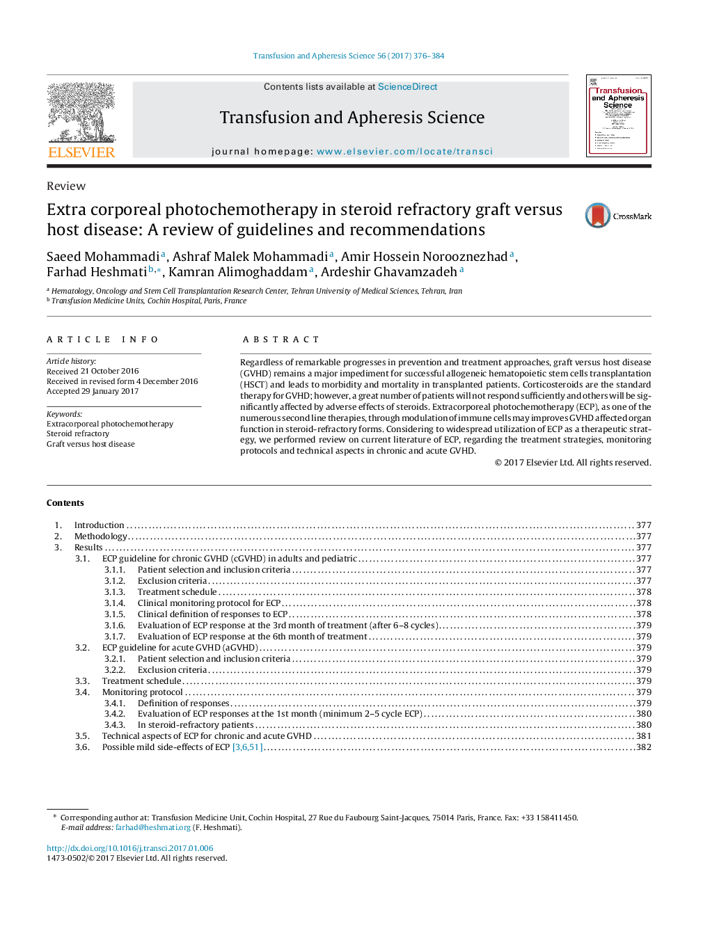 Extra corporeal photochemotherapy in steroid refractory graft versus host disease: A review of guidelines and recommendations