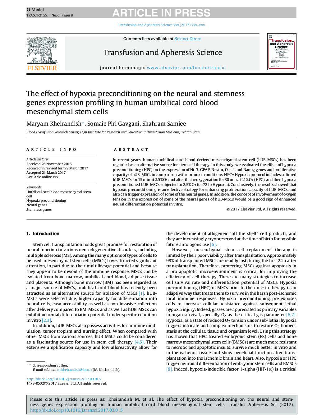 The effect of hypoxia preconditioning on the neural and stemness genes expression profiling in human umbilical cord blood mesenchymal stem cells