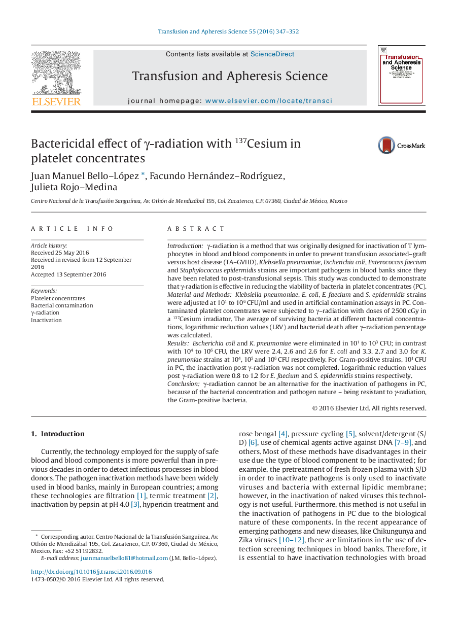 Bactericidal effect of Î³-radiation with 137Cesium in platelet concentrates