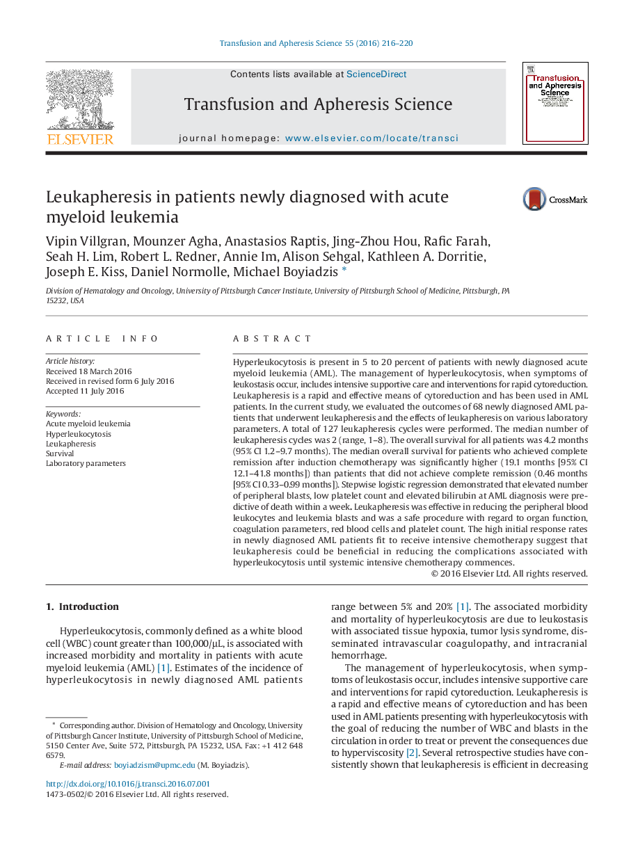 Leukapheresis in patients newly diagnosed with acute myeloid leukemia