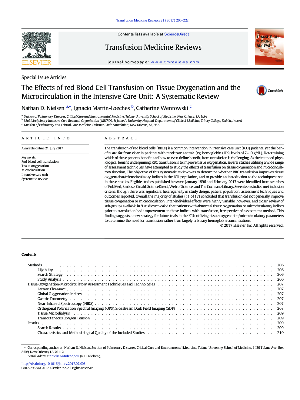 The Effects of red Blood Cell Transfusion on Tissue Oxygenation and the Microcirculation in the Intensive Care Unit: A Systematic Review