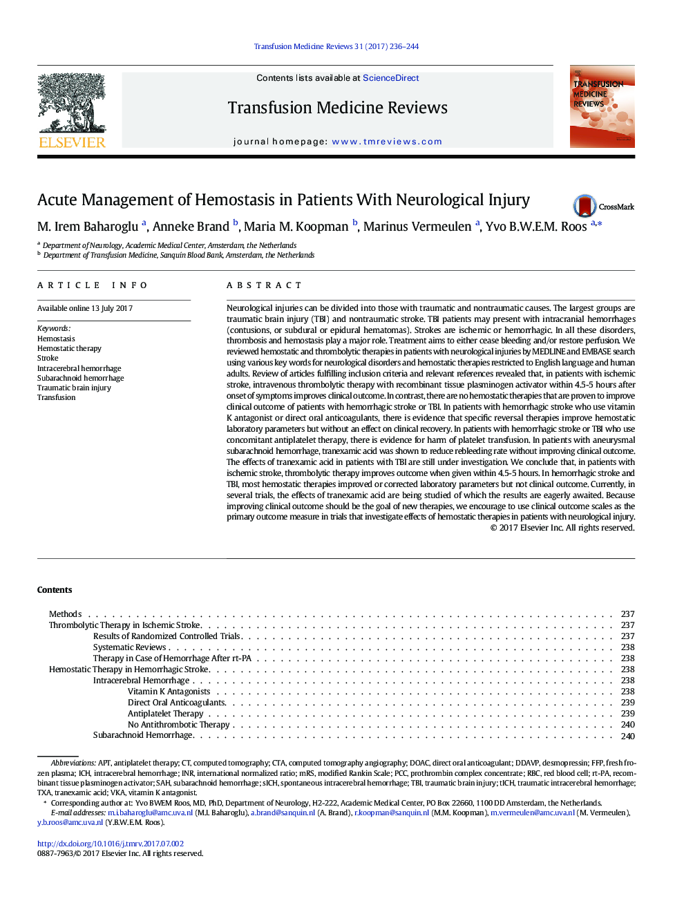 Acute Management of Hemostasis in Patients With Neurological Injury