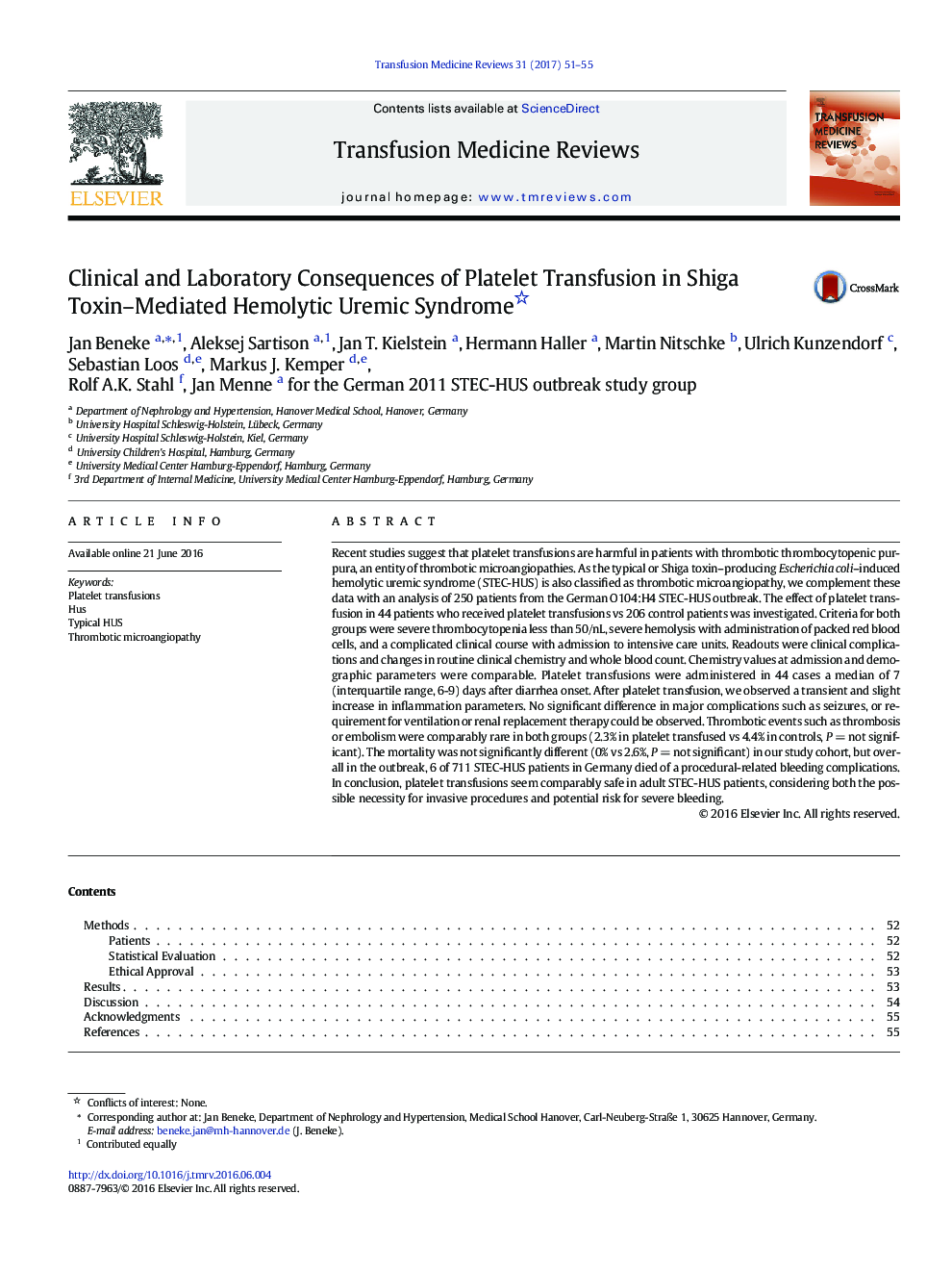 Clinical and Laboratory Consequences of Platelet Transfusion in Shiga Toxin-Mediated Hemolytic Uremic Syndrome