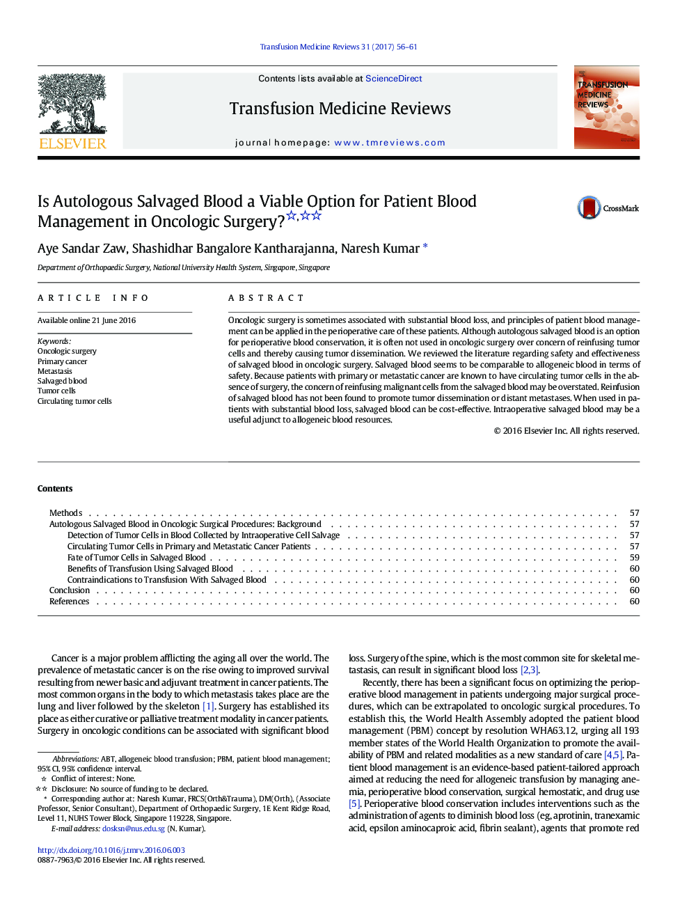 Is Autologous Salvaged Blood a Viable Option for Patient Blood Management in Oncologic Surgery? 