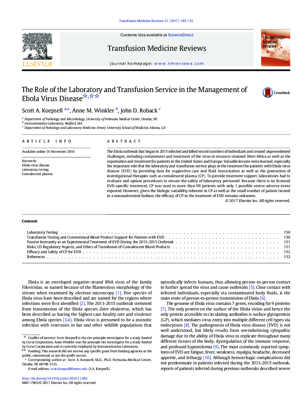 The Role of the Laboratory and Transfusion Service in the Management of Ebola Virus Disease