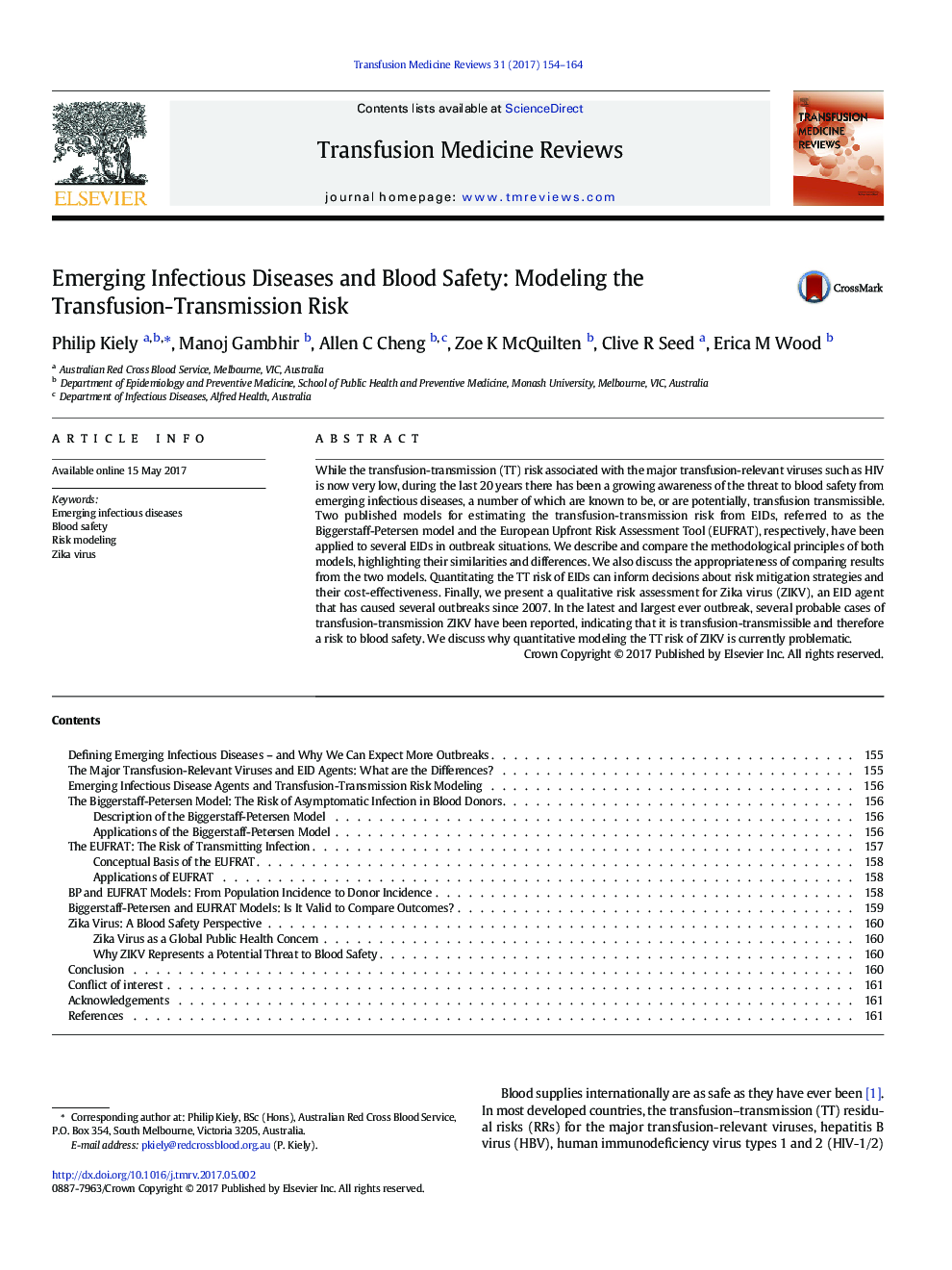 Emerging Infectious Diseases and Blood Safety: Modeling the Transfusion-Transmission Risk