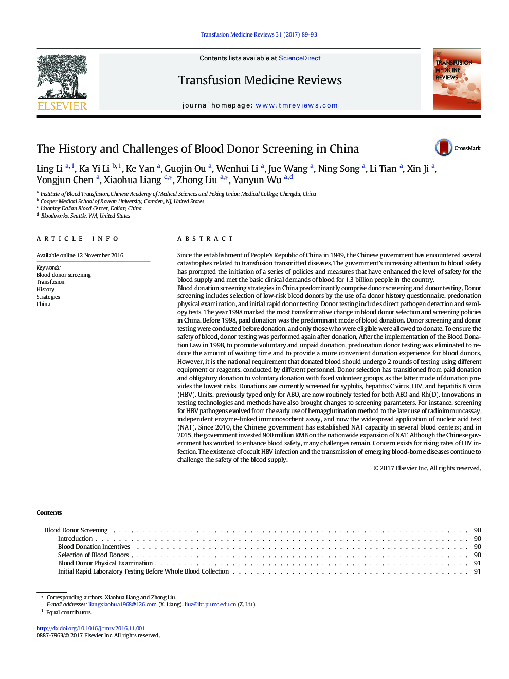 The History and Challenges of Blood Donor Screening in China