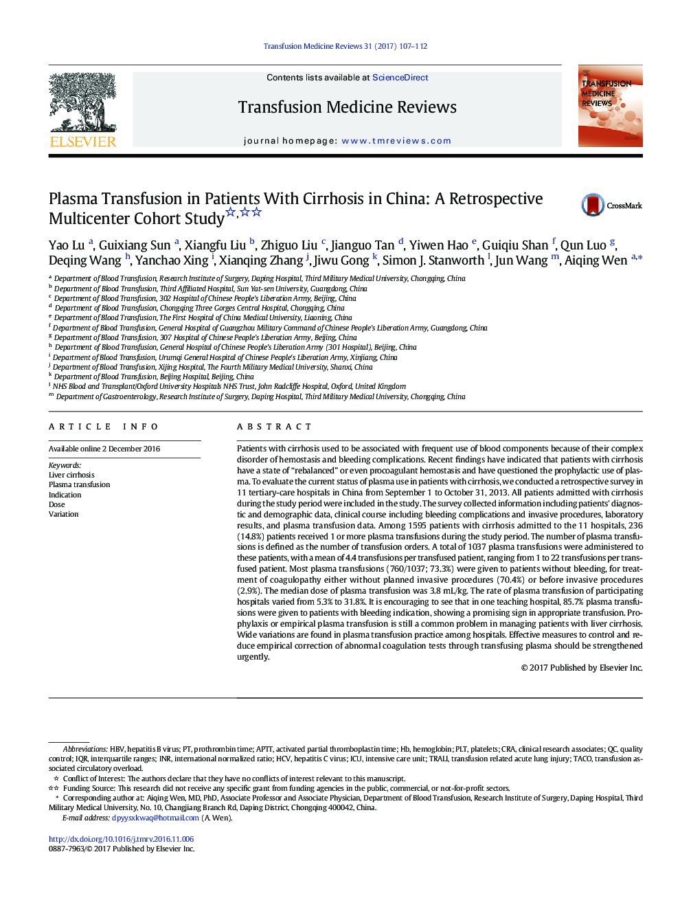 Plasma Transfusion in Patients With Cirrhosis in China: A Retrospective Multicenter Cohort Study