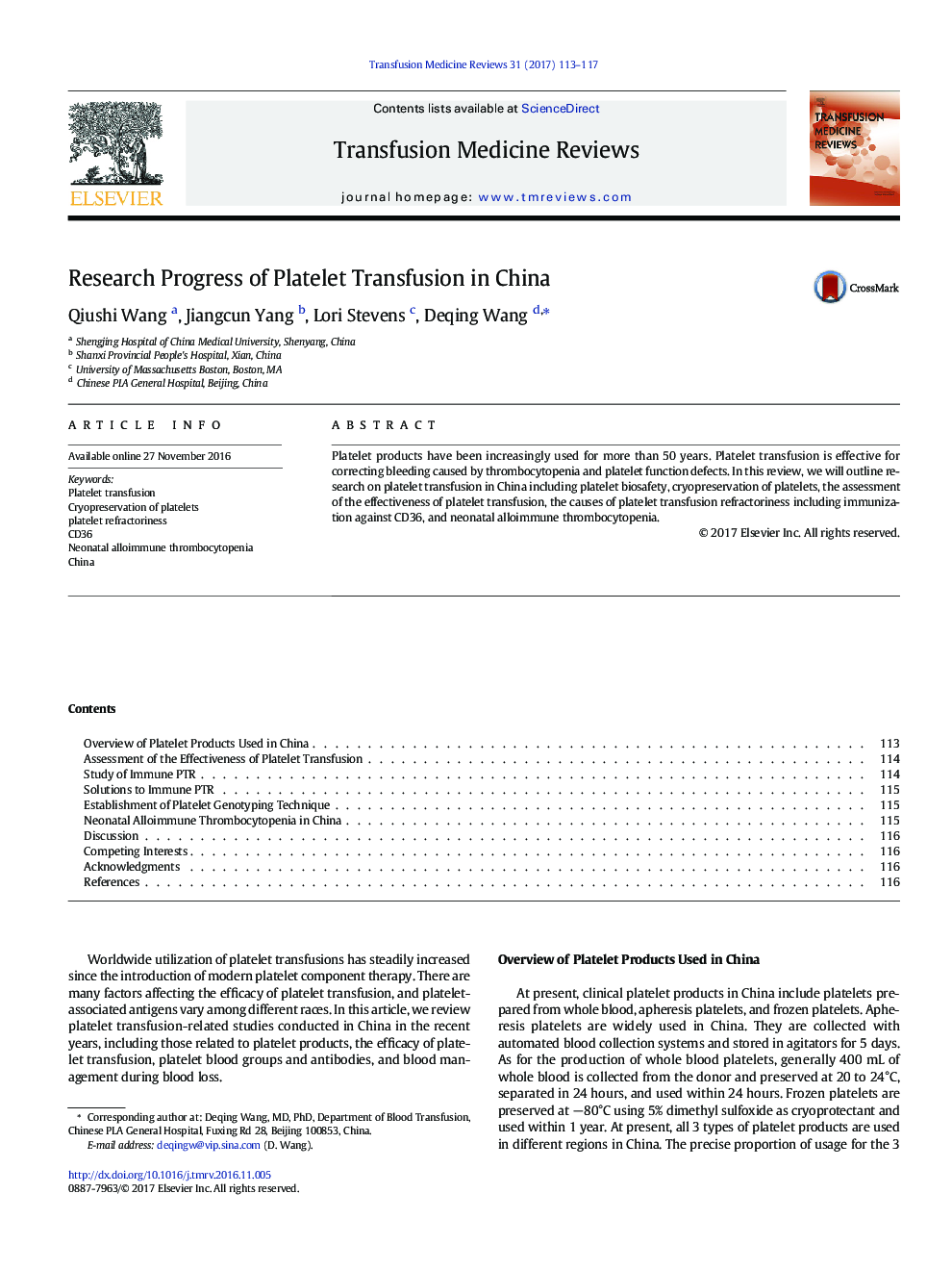 Research Progress of Platelet Transfusion in China