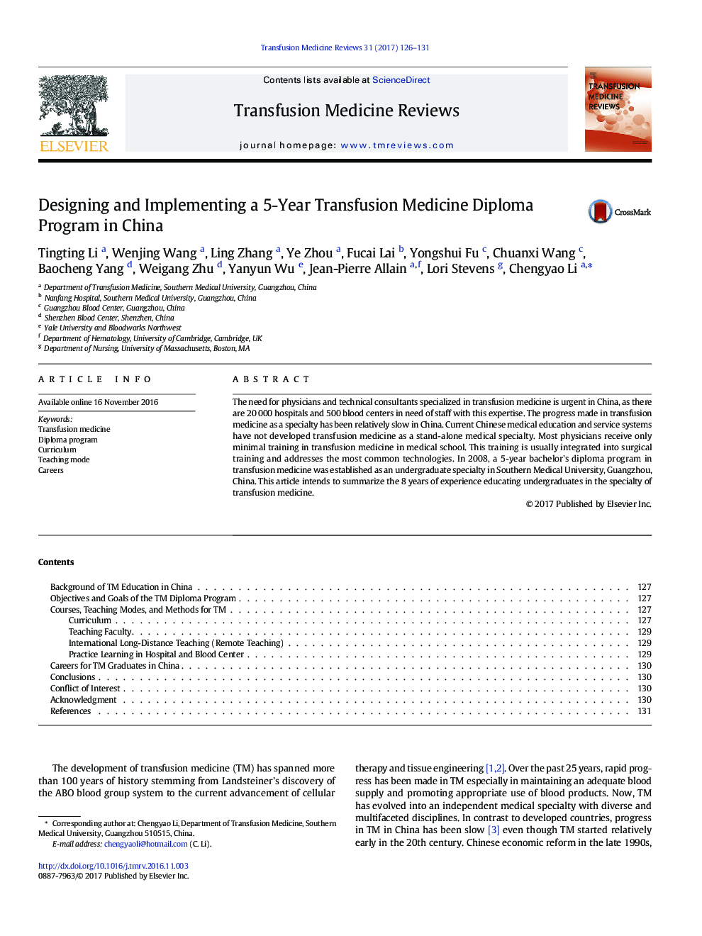 Designing and Implementing a 5-Year Transfusion Medicine Diploma Program in China