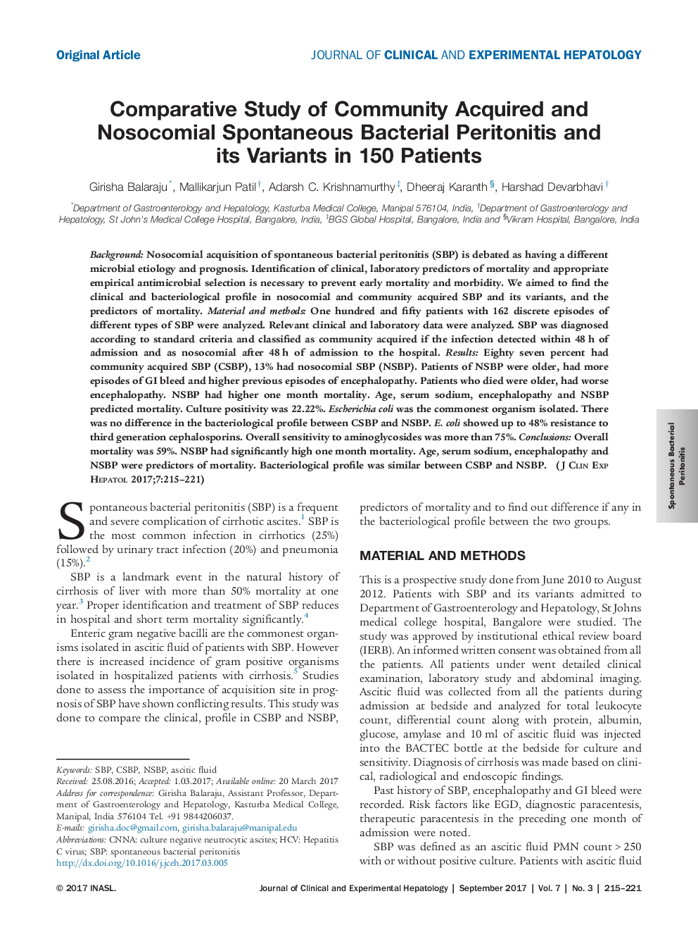 Comparative Study of Community Acquired and Nosocomial Spontaneous Bacterial Peritonitis and its Variants in 150 Patients