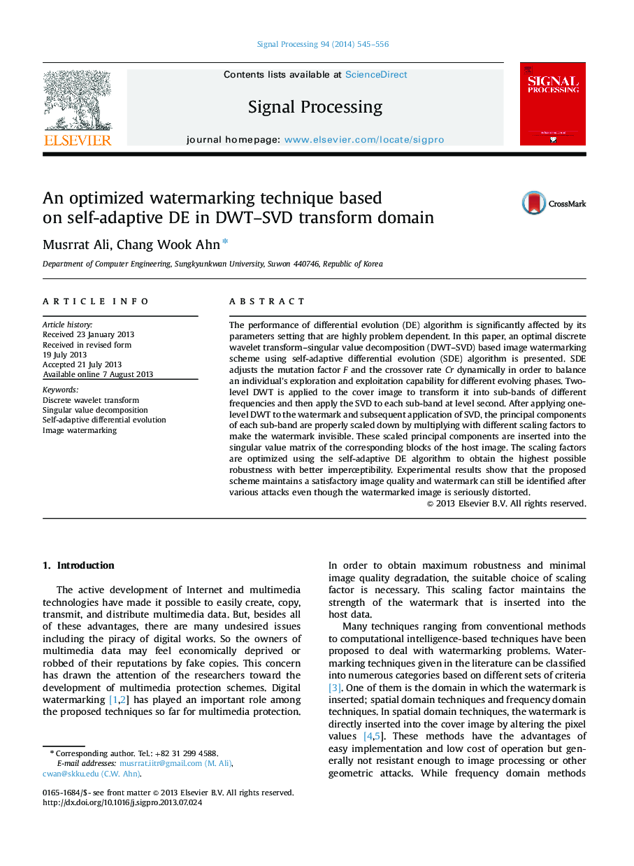 An optimized watermarking technique based on self-adaptive DE in DWT–SVD transform domain