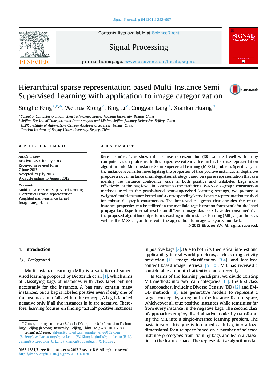 Hierarchical sparse representation based Multi-Instance Semi-Supervised Learning with application to image categorization