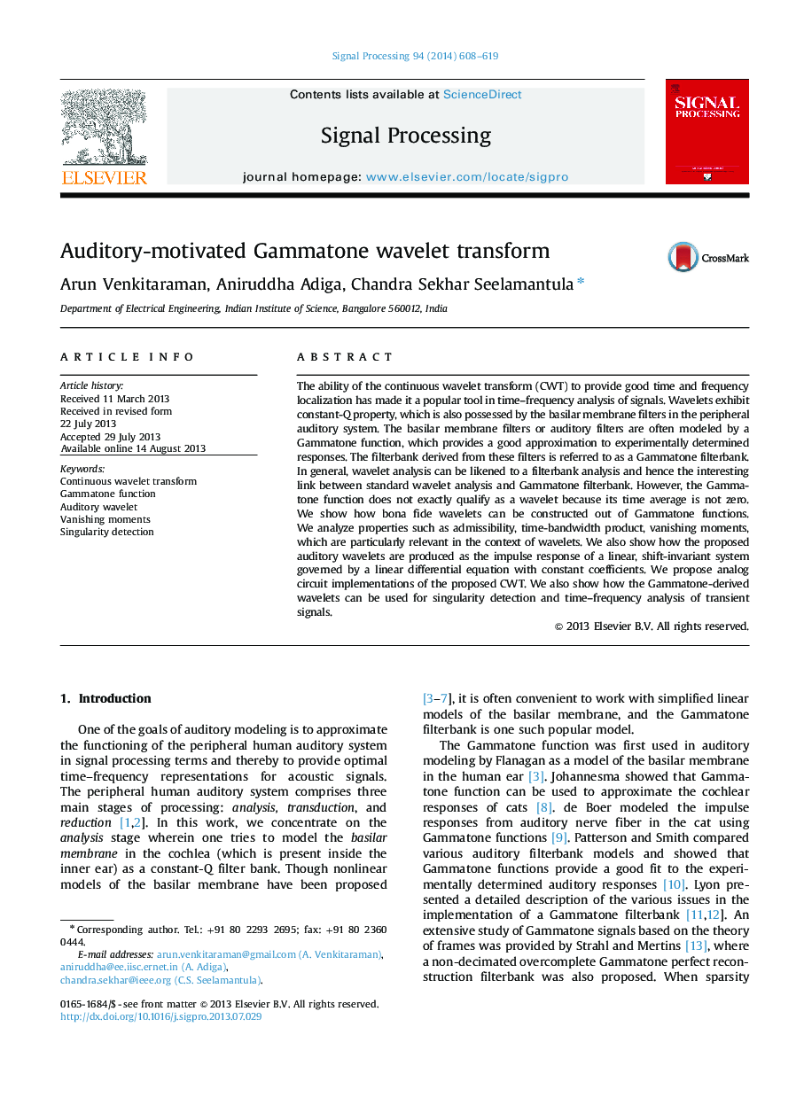 Auditory-motivated Gammatone wavelet transform