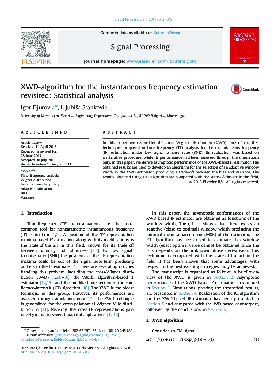 XWD-algorithm for the instantaneous frequency estimation revisited: Statistical analysis