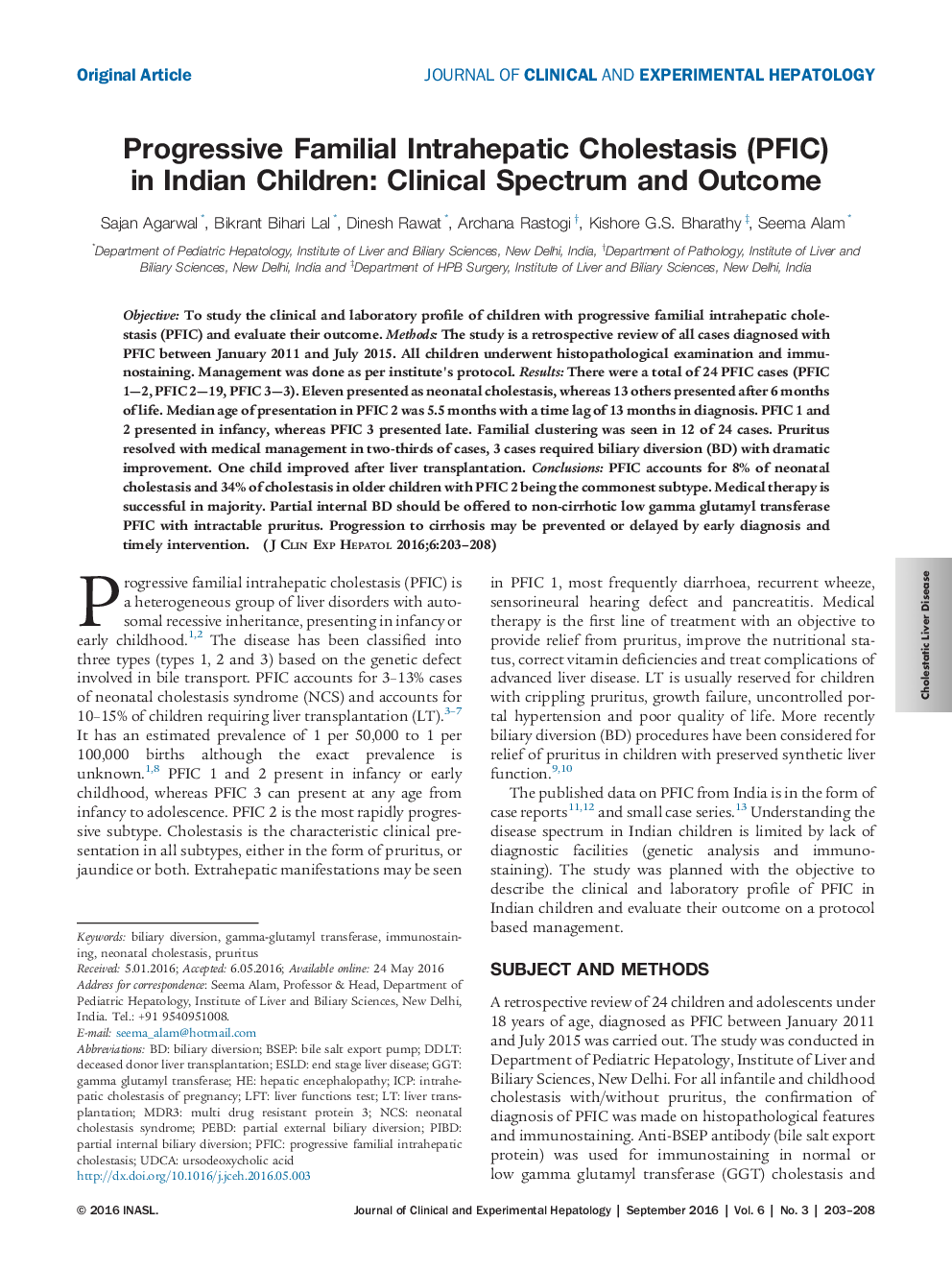 Progressive Familial Intrahepatic Cholestasis (PFIC) in Indian Children: Clinical Spectrum and Outcome