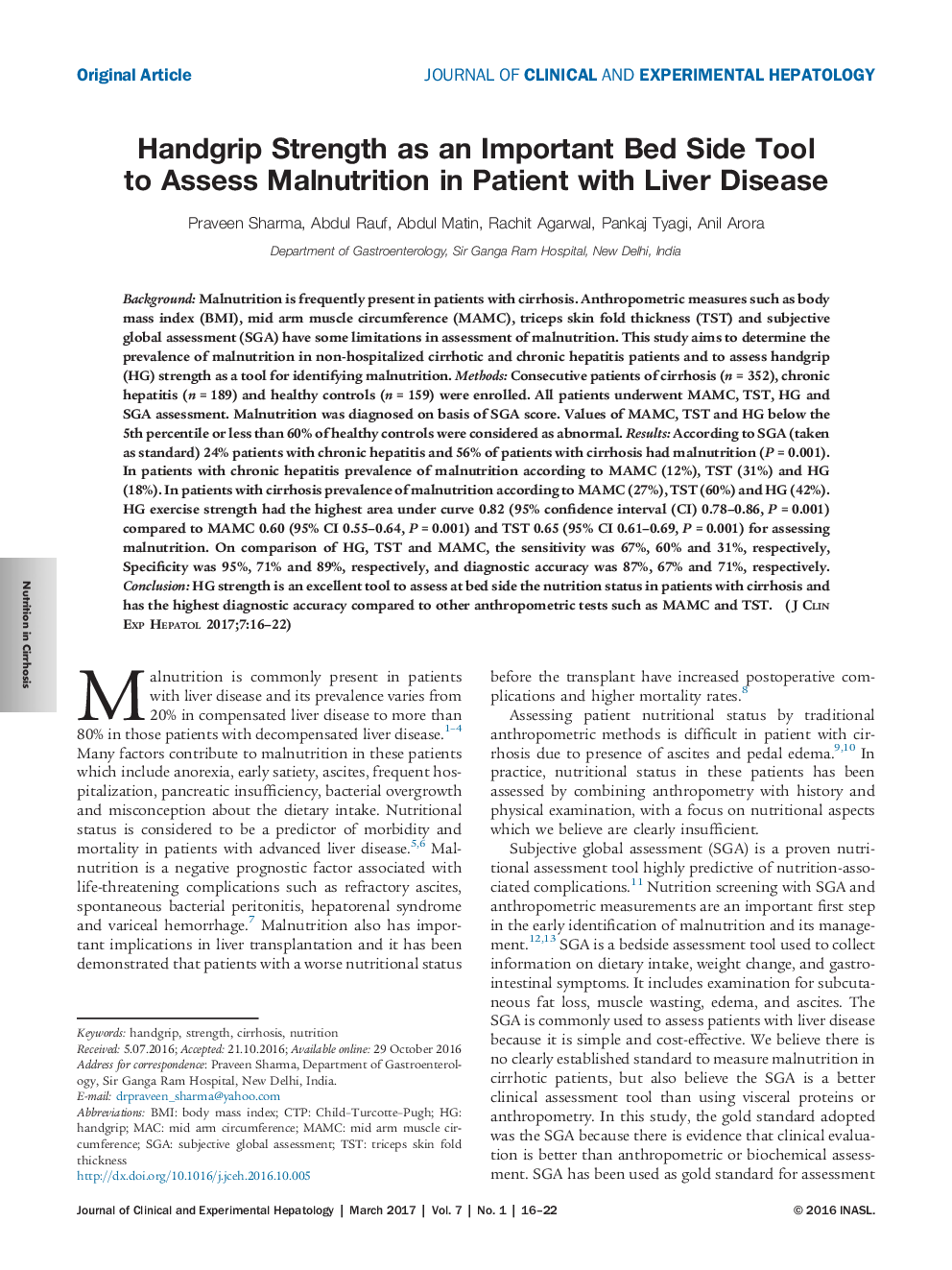 Handgrip Strength as an Important Bed Side Tool to Assess Malnutrition in Patient with Liver Disease