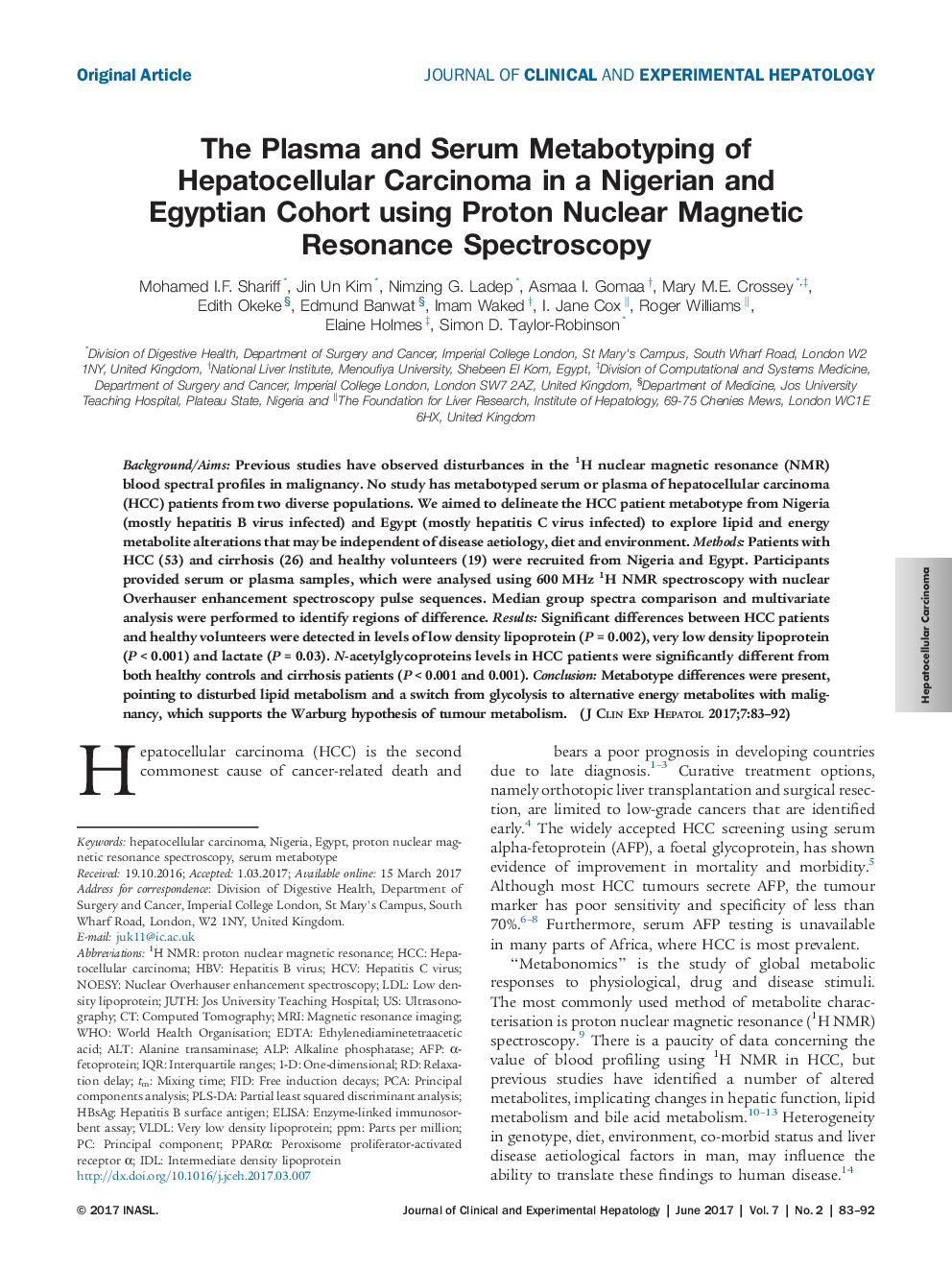 متابوتایپینگ پلاسما و سرم کارسینوم هپاتوسلولار در گروه همگروه نیجریه و مصر با استفاده از اسپکتروسکوپ رزونانس مغناطیسی هسته پروتون 