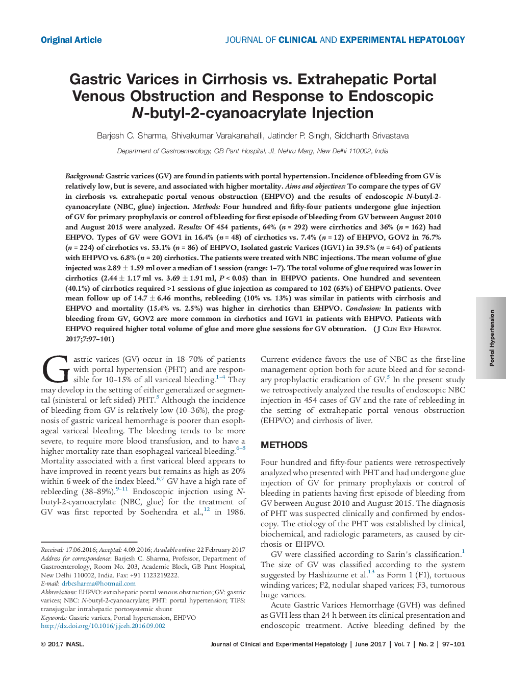 Gastric Varices in Cirrhosis vs. Extrahepatic Portal Venous Obstruction and Response to Endoscopic N-butyl-2-cyanoacrylate Injection