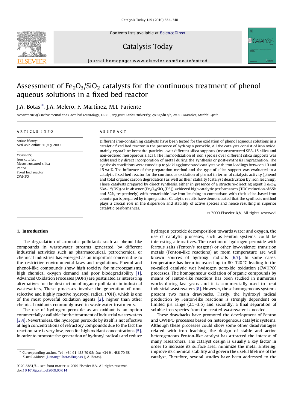 Assessment of Fe2O3/SiO2 catalysts for the continuous treatment of phenol aqueous solutions in a fixed bed reactor