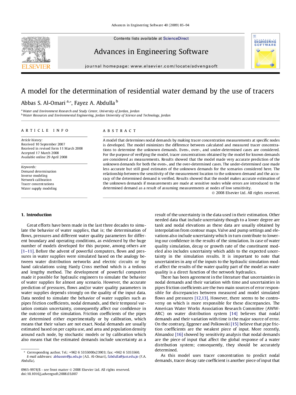 A model for the determination of residential water demand by the use of tracers