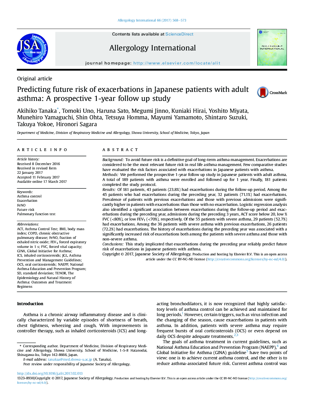 Predicting future risk of exacerbations in Japanese patients with adult asthma: A prospective 1-year follow up study