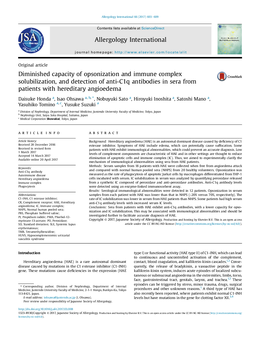 Diminished capacity of opsonization and immune complex solubilization, and detection of anti-C1q antibodies in sera from patients with hereditary angioedema