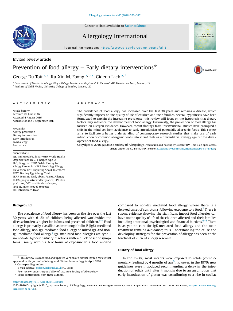 Prevention of food allergy - Early dietary interventions