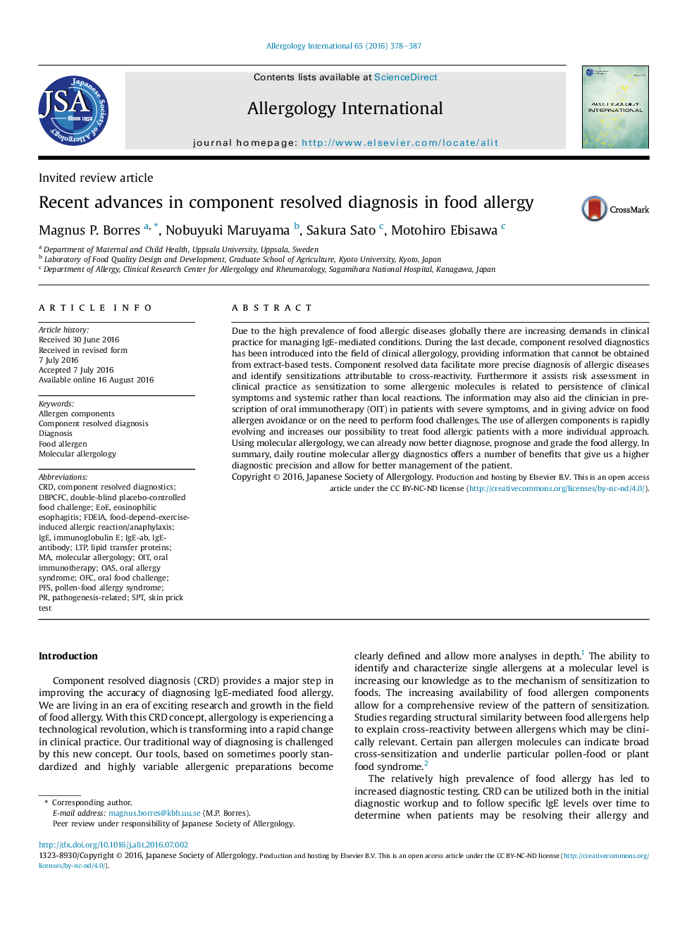 Recent advances in component resolved diagnosis in food allergy