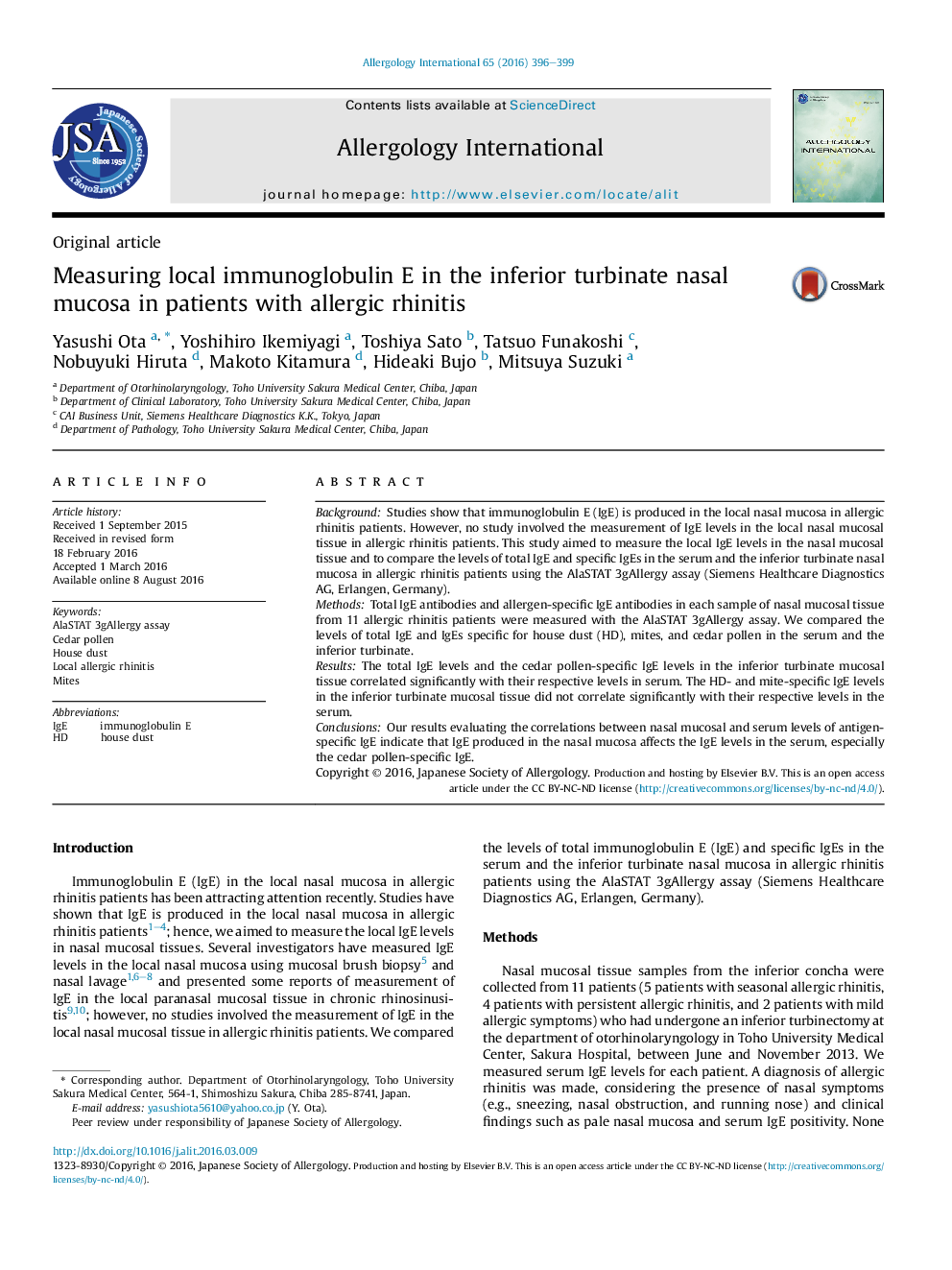 Measuring local immunoglobulin E in the inferior turbinate nasal mucosa in patients with allergic rhinitis