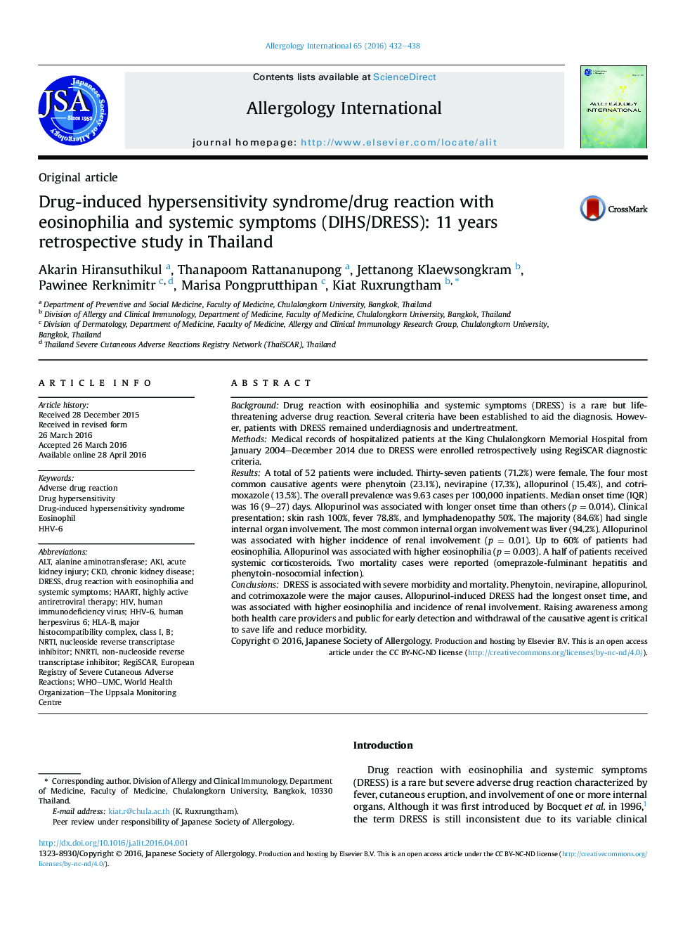 Drug-induced hypersensitivity syndrome/drug reaction with eosinophilia and systemic symptoms (DIHS/DRESS): 11 years retrospective study in Thailand