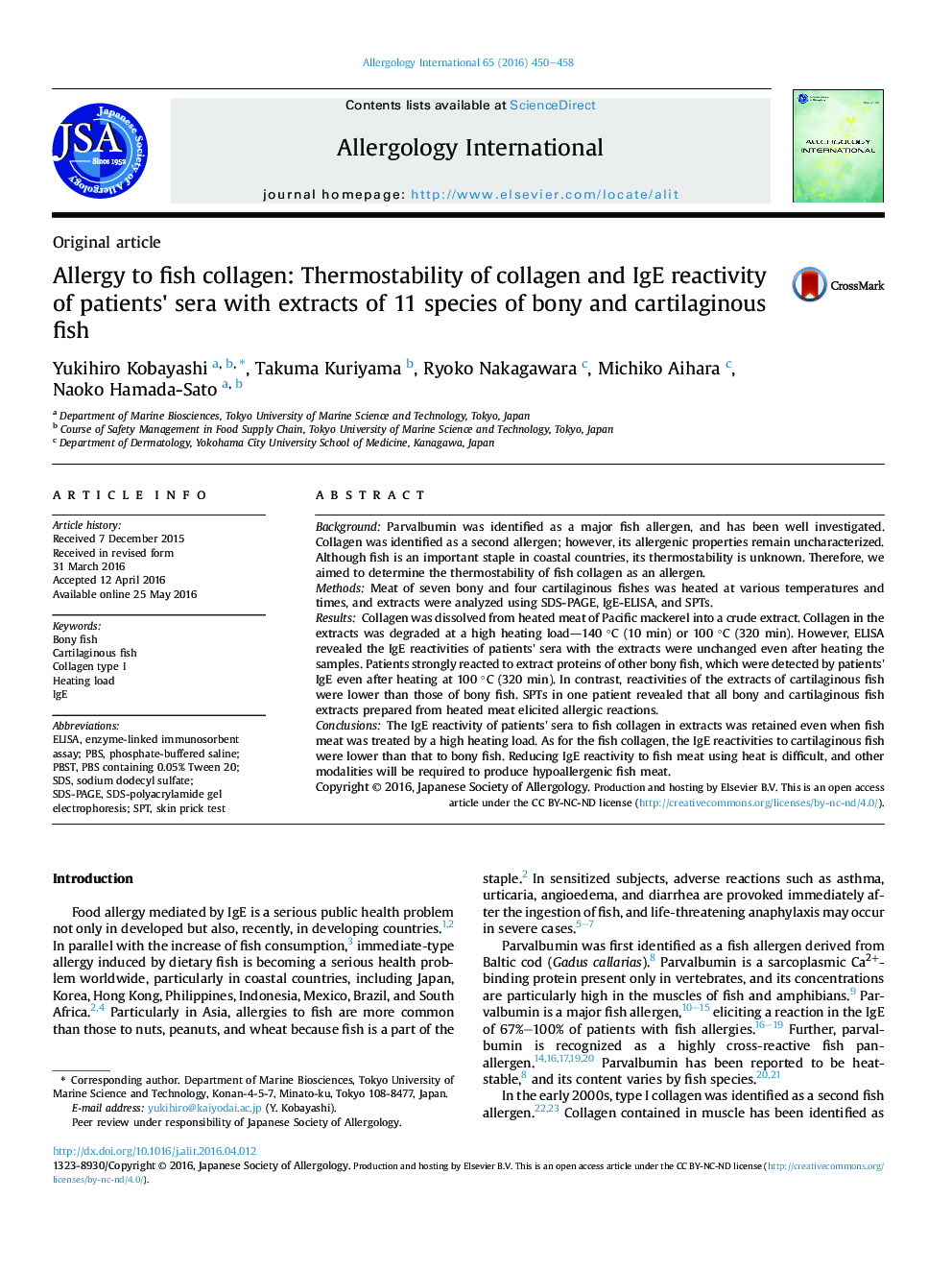 Allergy to fish collagen: Thermostability of collagen and IgE reactivity of patients' sera with extracts of 11 species of bony and cartilaginous fish