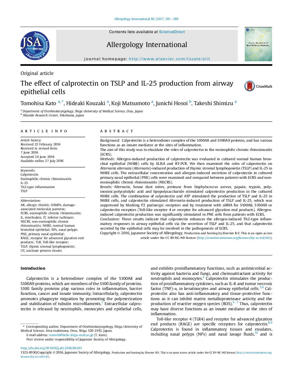 The effect of calprotectin on TSLP and IL-25 production from airway epithelial cells