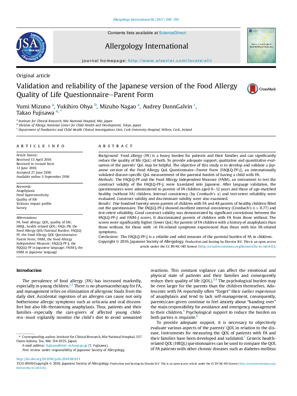 Validation and reliability of the Japanese version of the Food Allergy Quality of Life Questionnaire-Parent Form