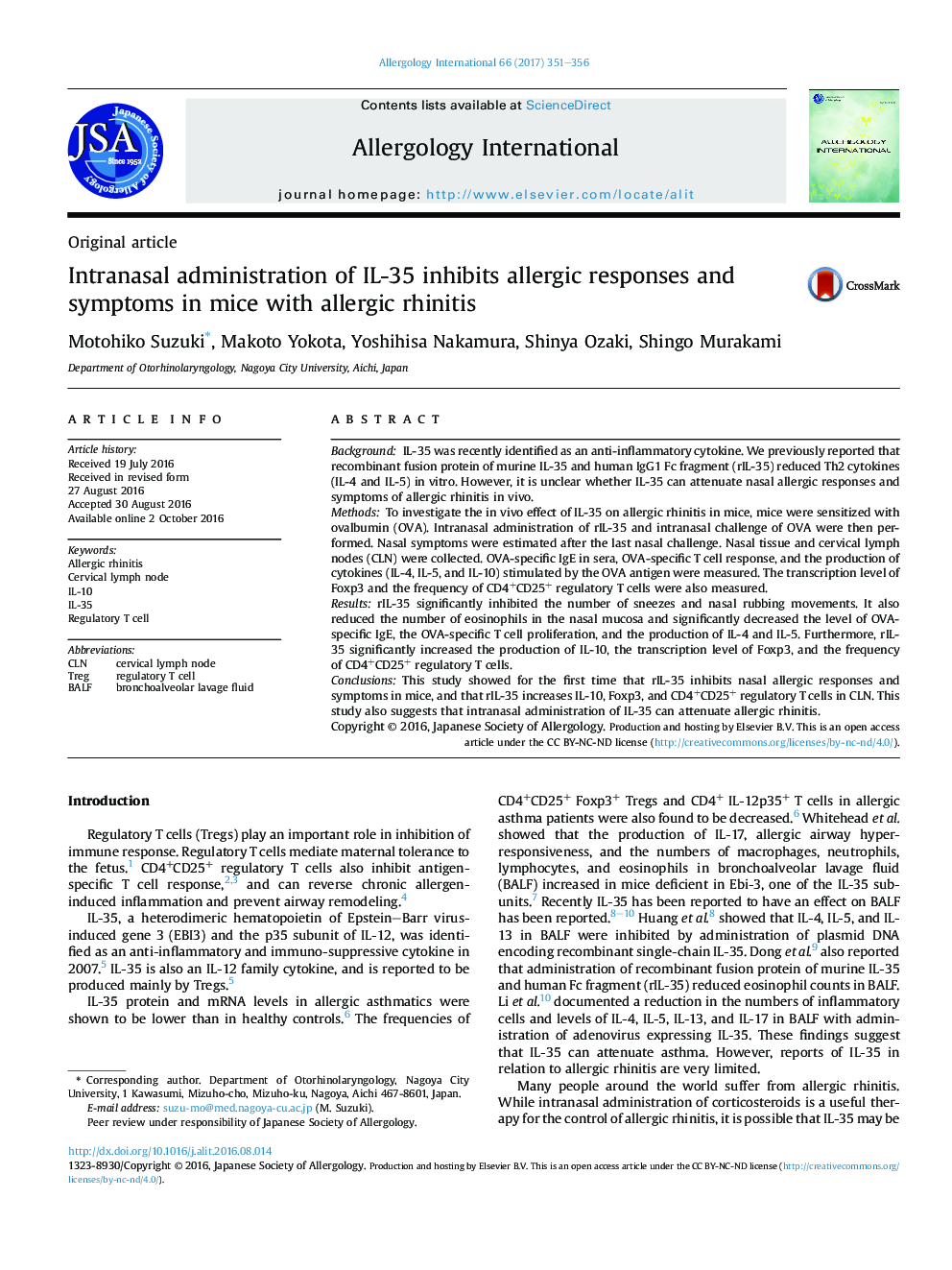 Intranasal administration of IL-35 inhibits allergic responses and symptoms in mice with allergic rhinitis