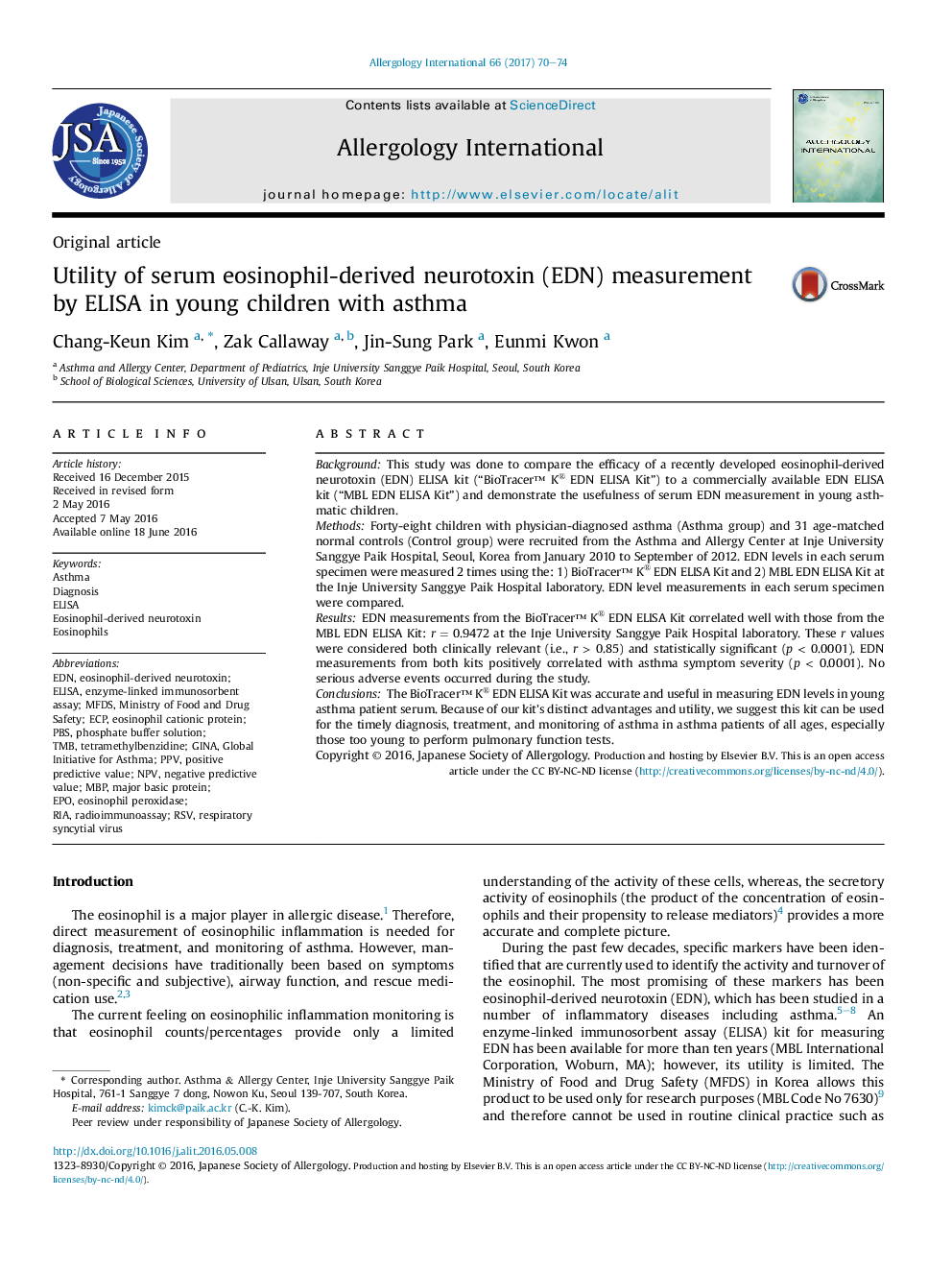 Utility of serum eosinophil-derived neurotoxin (EDN) measurement by ELISA in young children with asthma