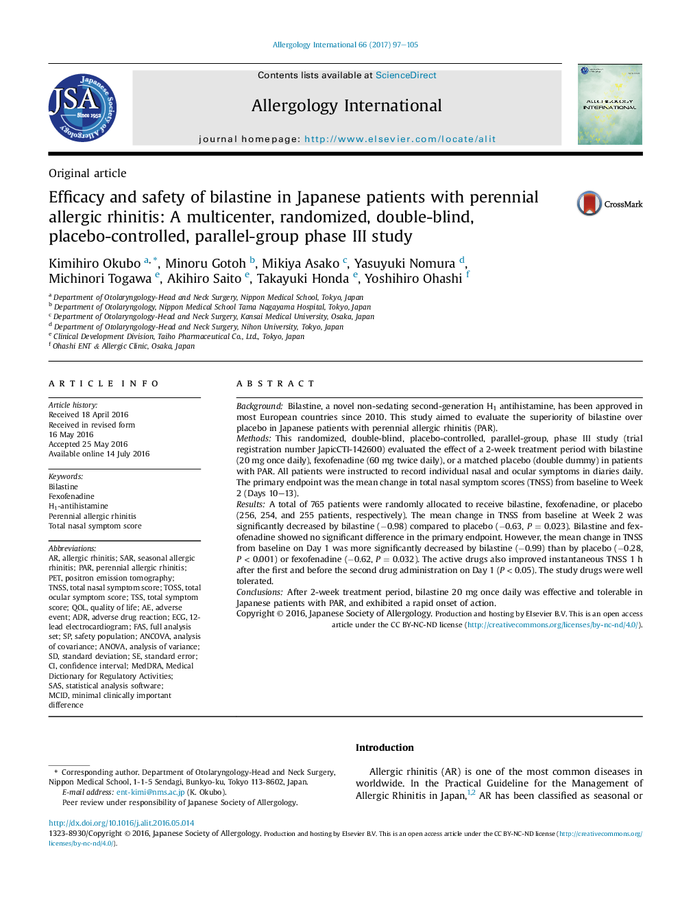 Efficacy and safety of bilastine in Japanese patients with perennial allergic rhinitis: A multicenter, randomized, double-blind, placebo-controlled, parallel-group phase III study