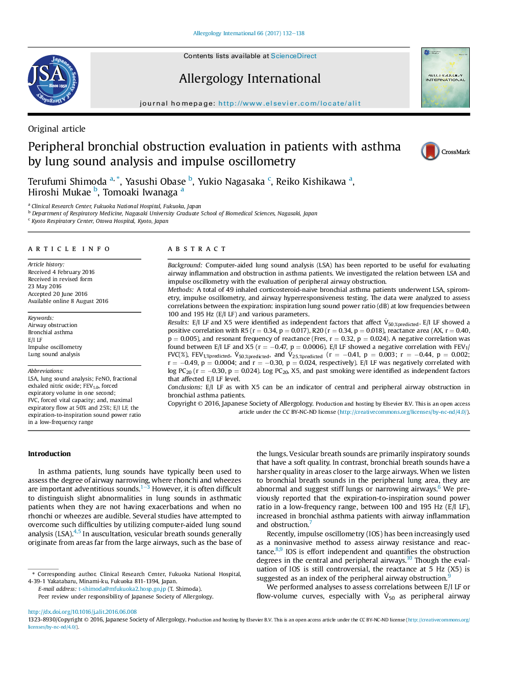 Peripheral bronchial obstruction evaluation in patients with asthma by lung sound analysis and impulse oscillometry