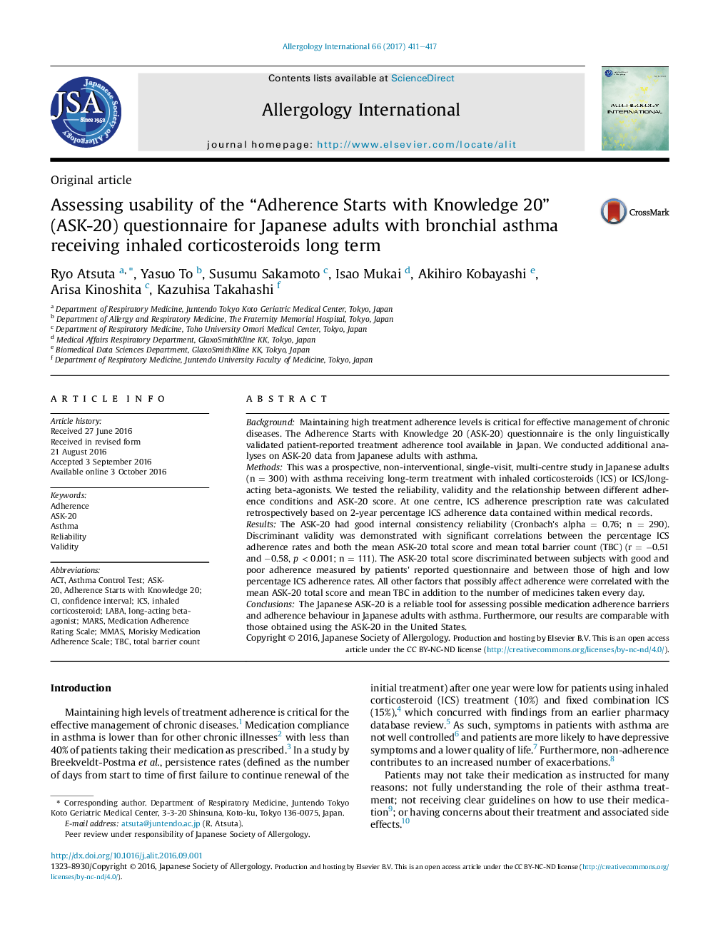 Assessing usability of the “Adherence Starts with Knowledge 20” (ASK-20) questionnaire for Japanese adults with bronchial asthma receiving inhaled corticosteroids long term